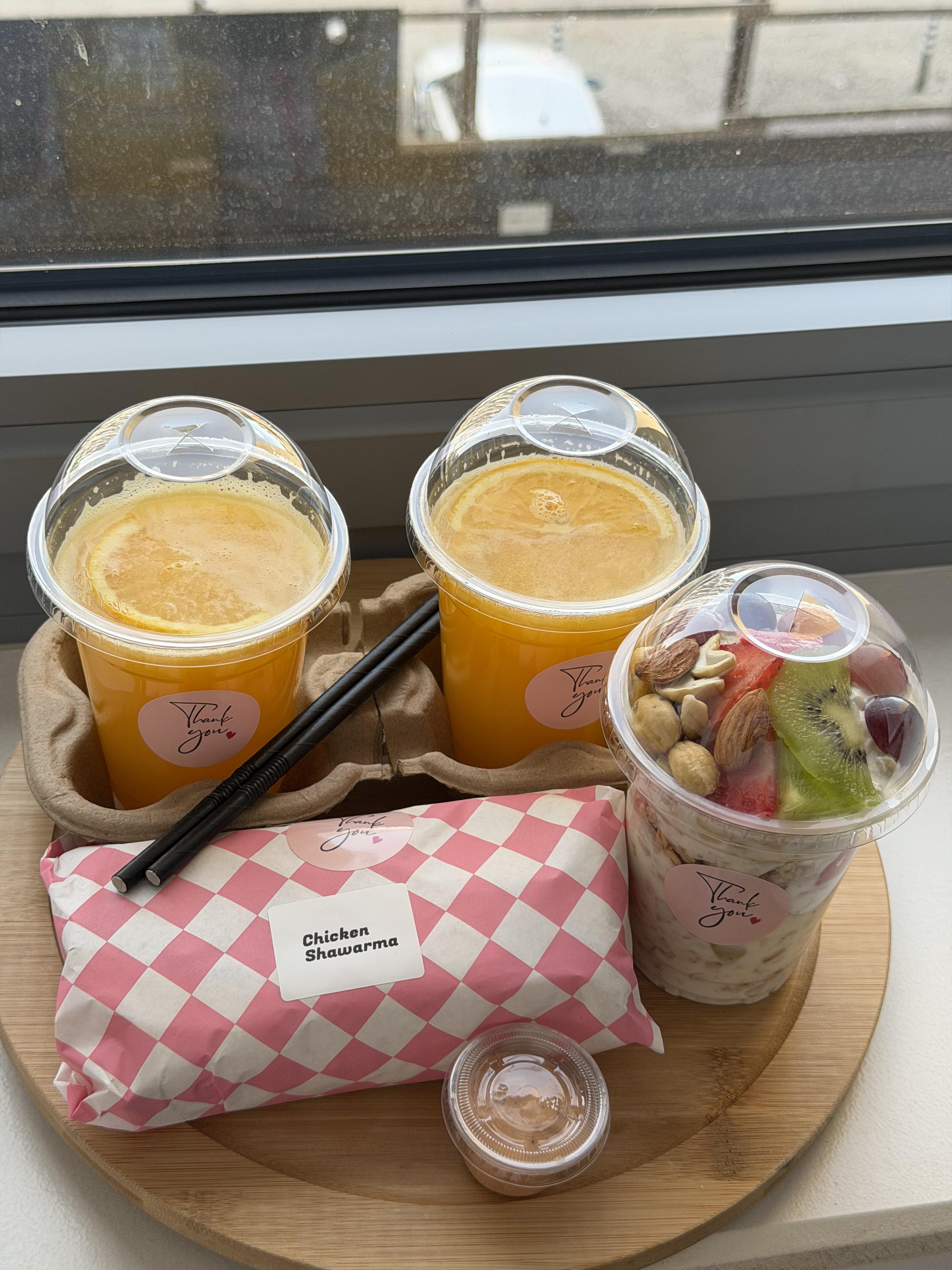ORANGE JUICE, SHAWARMA, FRUIT PARFAIT 