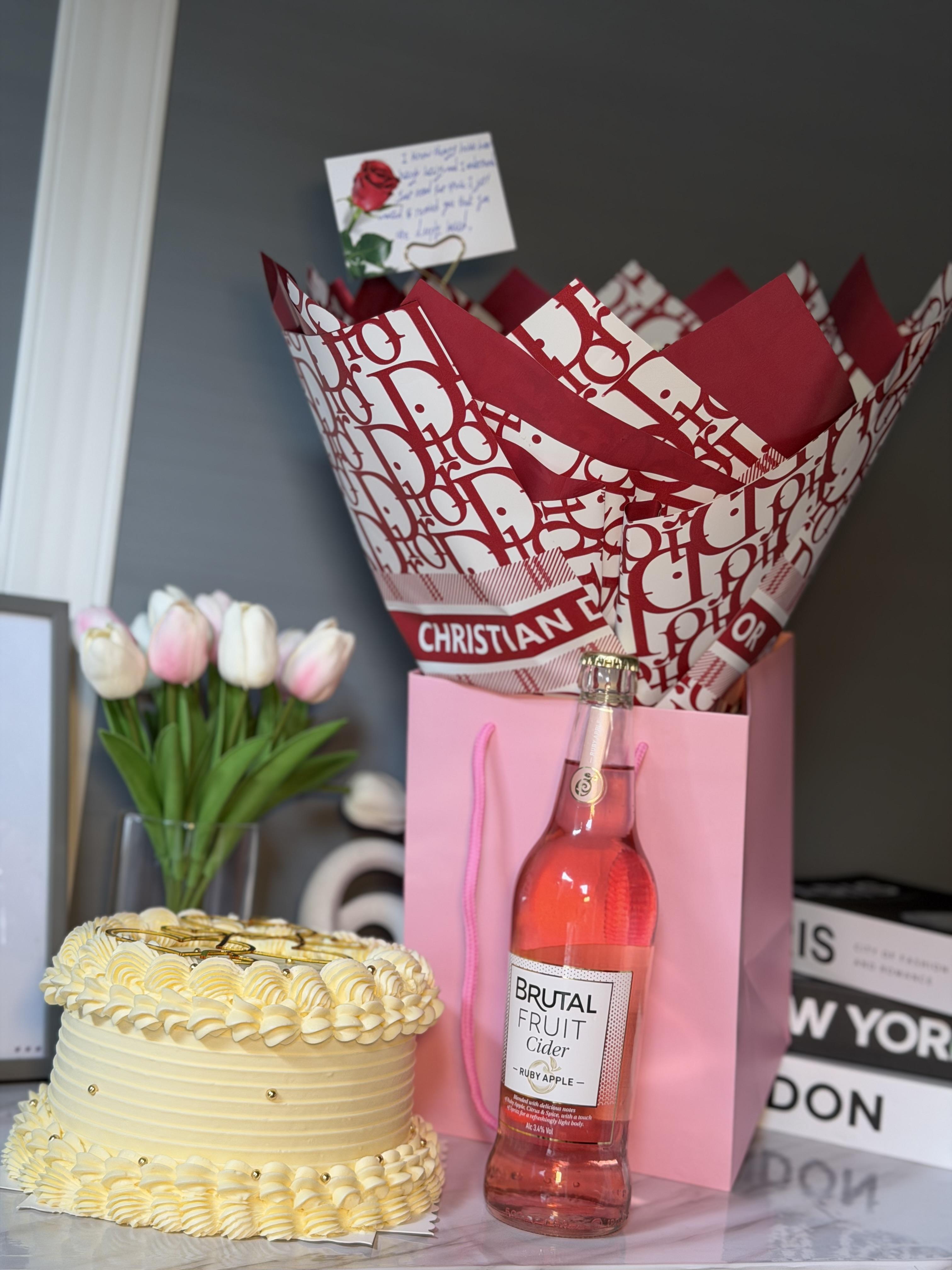 CUSTOM BOUQUET, WINE, CAKE