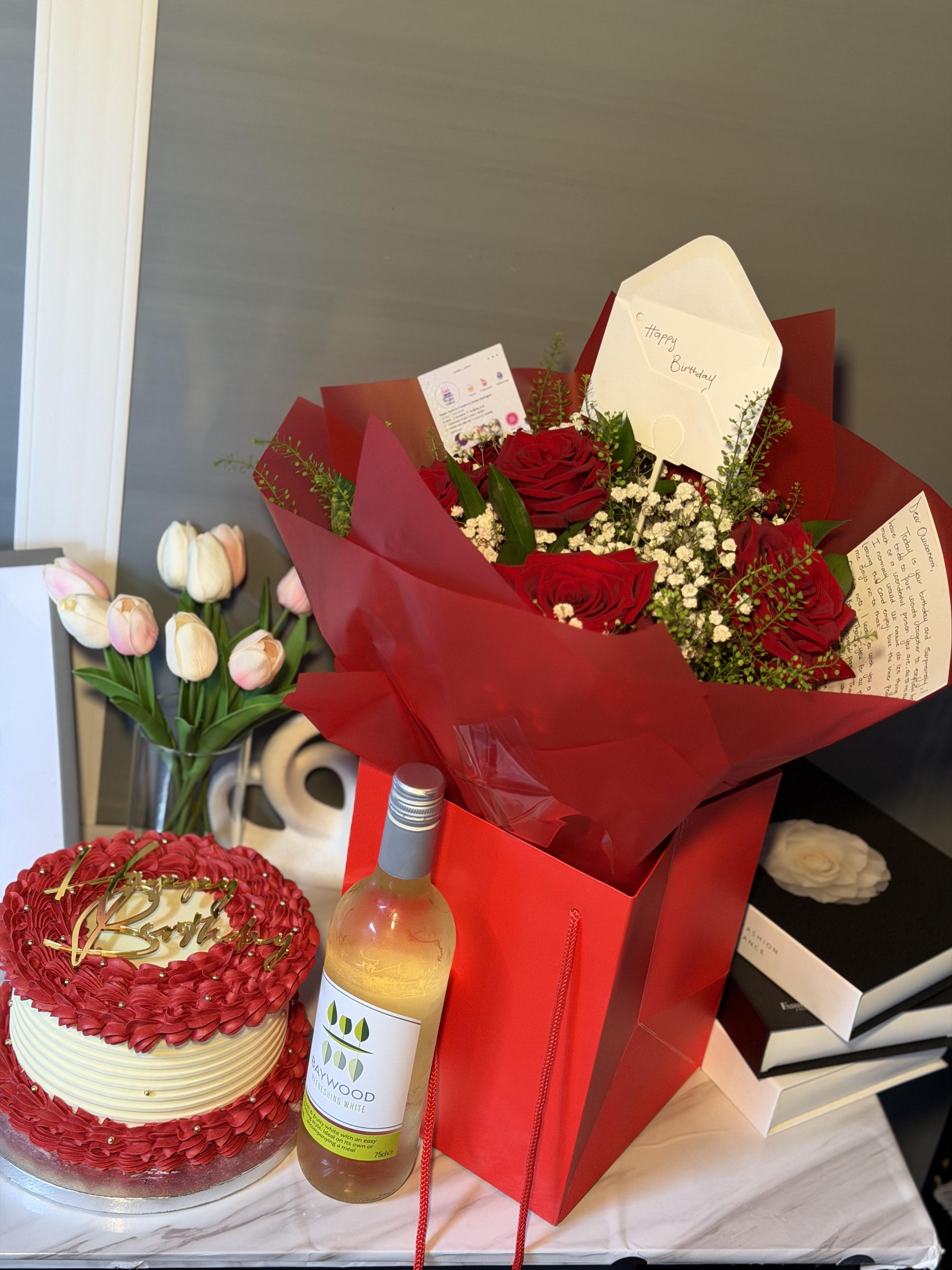 BOUQUET , WINE, CAKE 